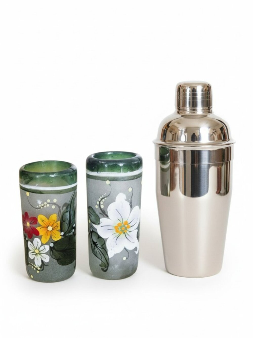 Mexican Made Hand Painted Frosted Glass Floral Design Set of 2 Shot Glasses…‎